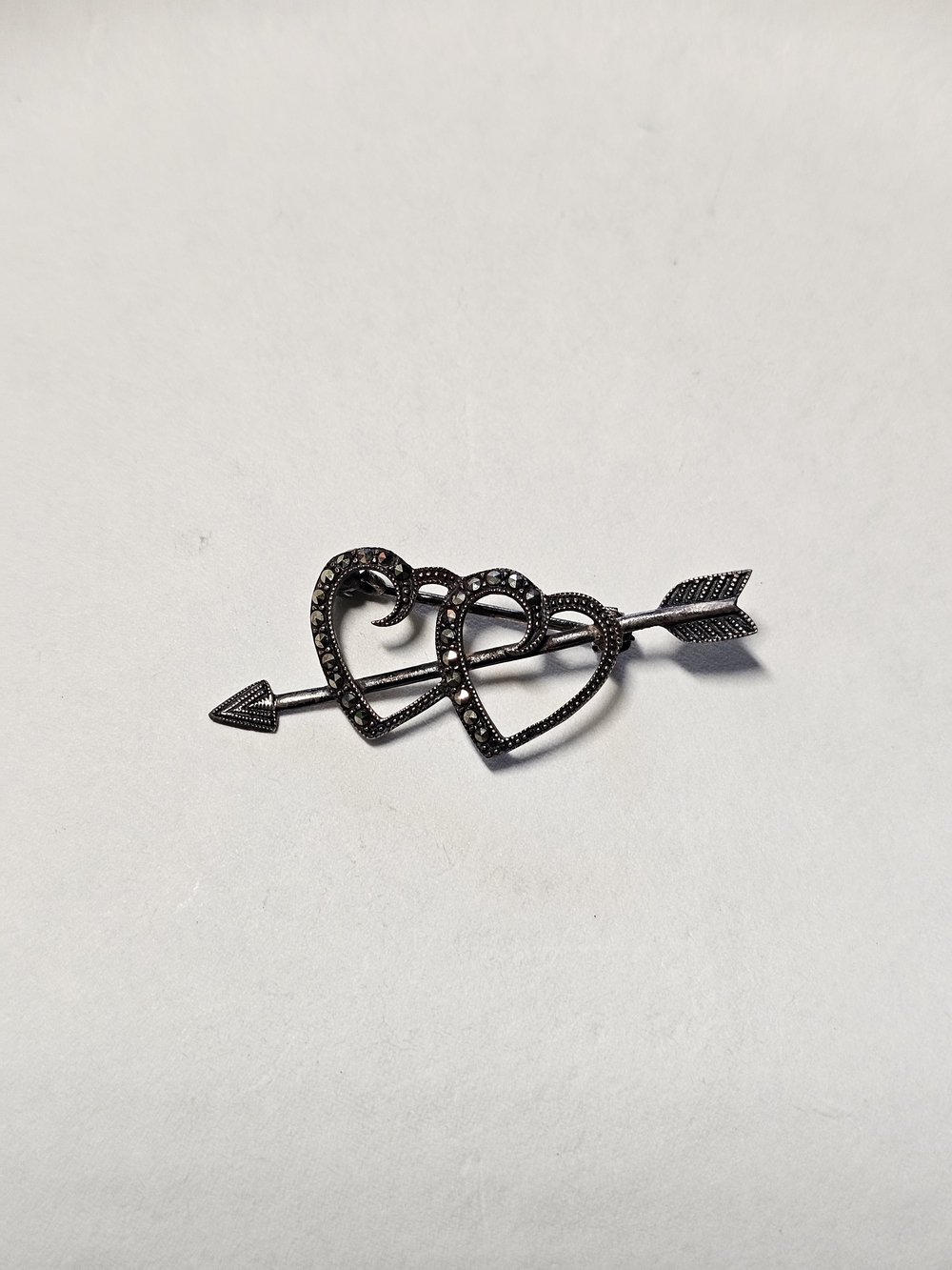 Sterling Silver 925 Double Heart Arrow Brooch